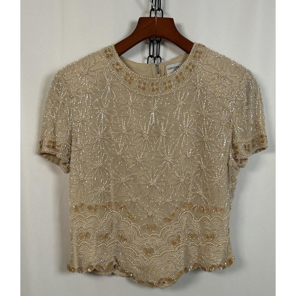 VTG Andrianna Papell Occasions Tan‎ Silk Blouse Size P8 Beaded Embroidered Line